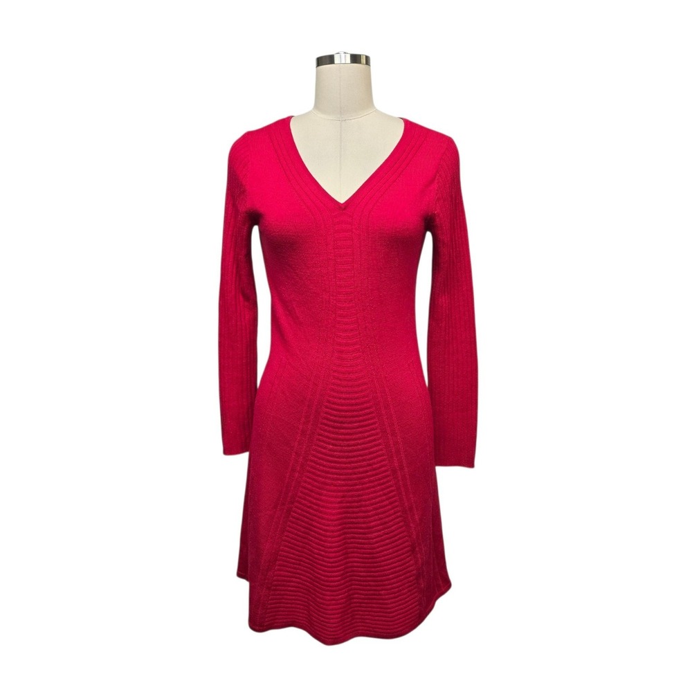 Crimson Klover Red V-Neck Ribbed Long Sleeve Fit & Flare Sweater Dress Small